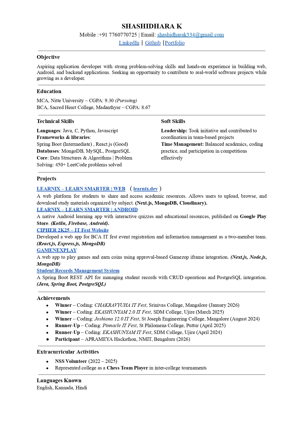 Shashidhara K Resume 2026